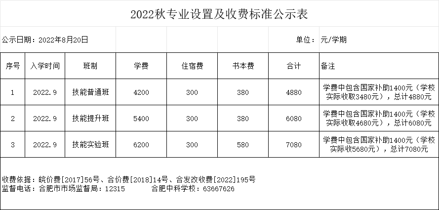 2022秋收费